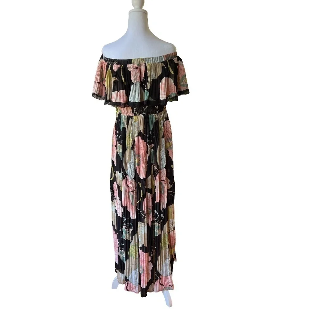 Beulah Style Black Floral Off Shoulder Full Length Maxi Dress Size M/L - Picture 5 of 12